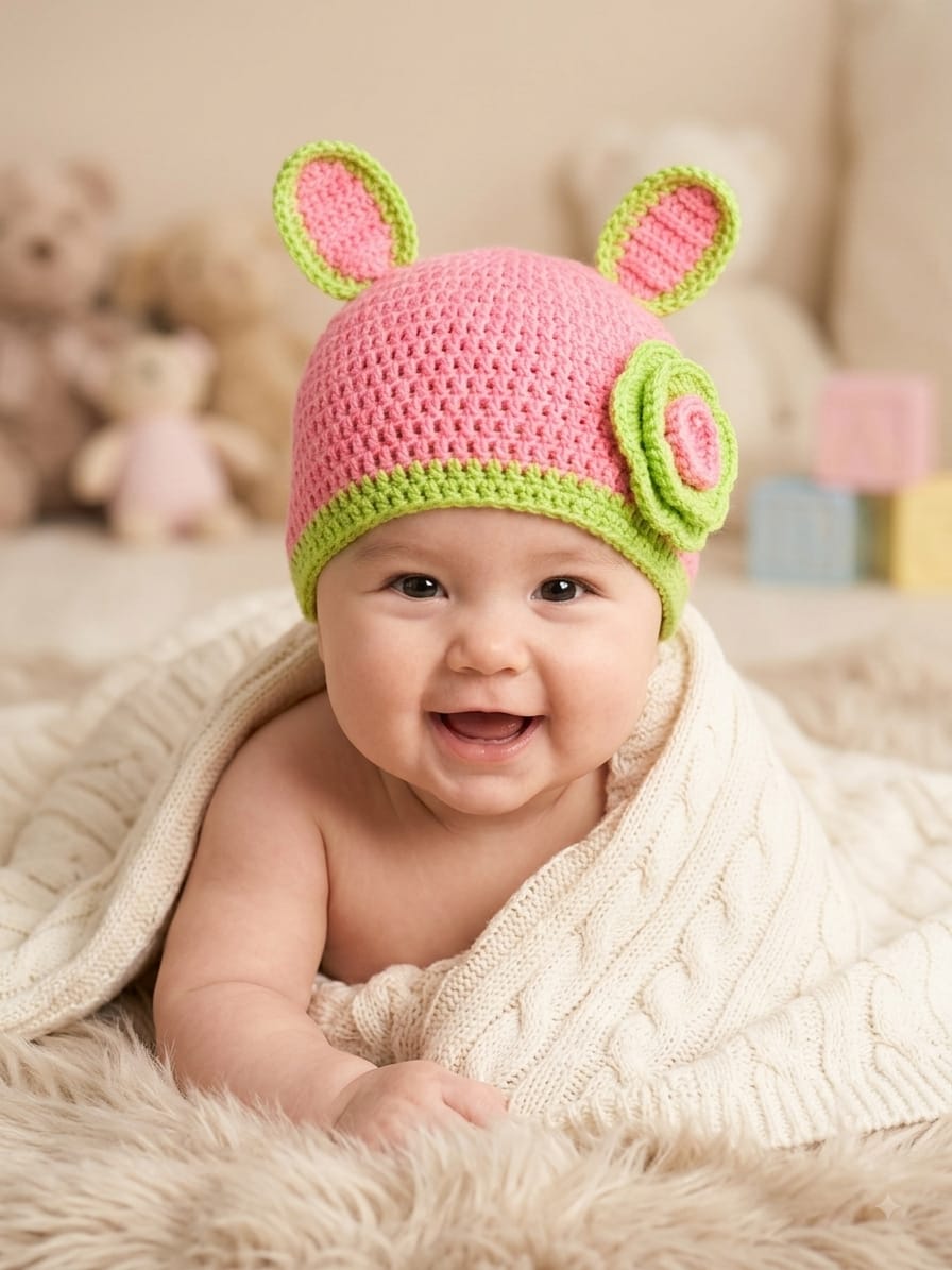 Handmade Crochet Pink & Green Bunny Ear Woolen Baby Cap with Flower Accent – Soft & Warm Newborn Beanie