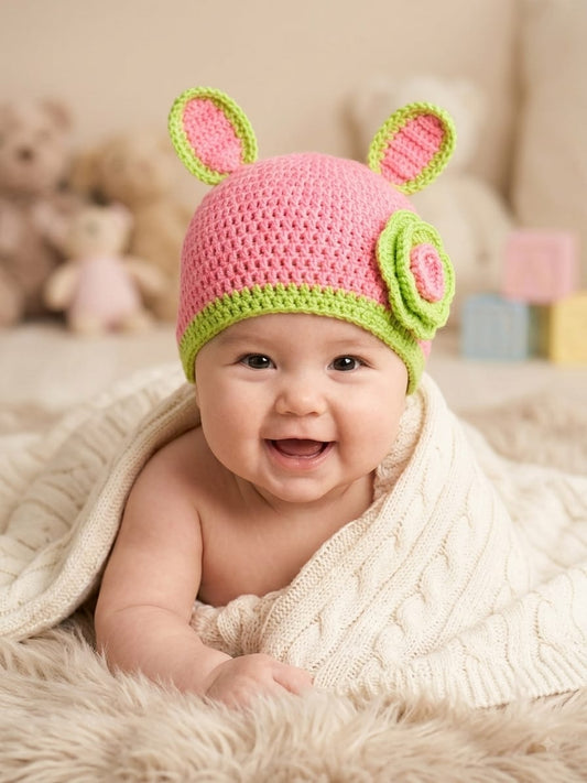Handmade Crochet Pink & Green Bunny Ear Woolen Baby Cap with Flower Accent – Soft & Warm Newborn Beanie