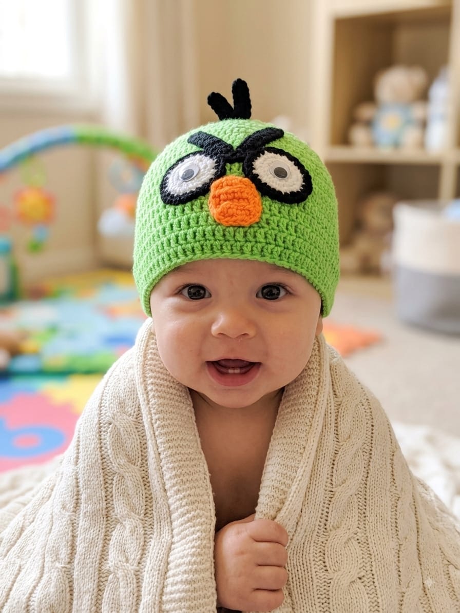 Handmade Crochet Green Angry Bird Woolen Baby Cap & Beanie for Newborns & Infants