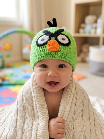 Handmade Crochet Green Angry Bird Woolen Baby Cap & Beanie for Newborns & Infants