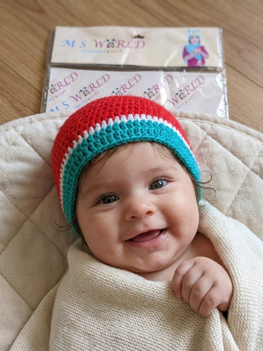 Handmade Crochet Watermelon Baby Beanie | Soft Woolen Fruit Cap for Newborns & Infants
