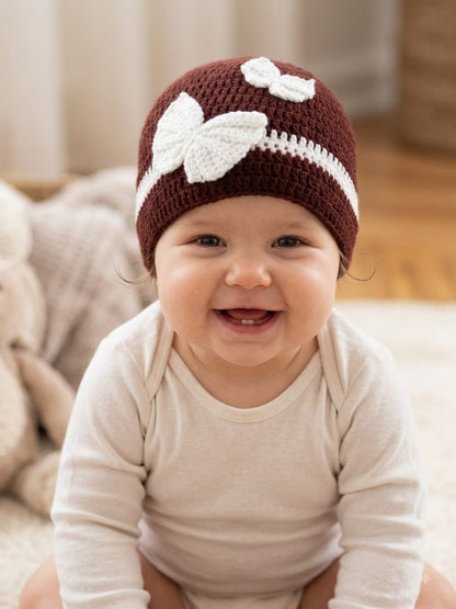 Handmade Crochet Woolen Baby Cap with Cute White Butterfly Applique | Soft & Warm Winter Beanie for Infants