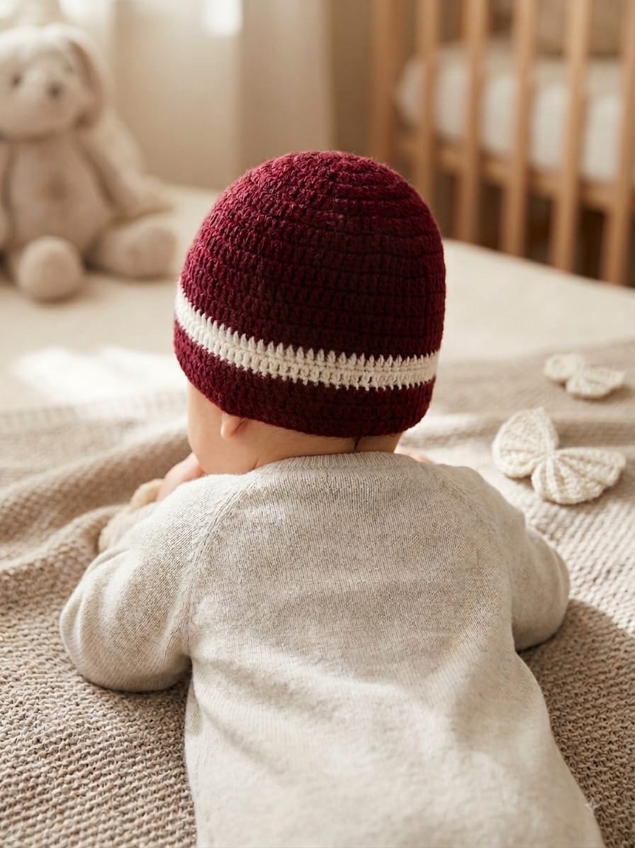 Handmade Crochet Woolen Baby Cap with Cute White Butterfly Applique | Soft & Warm Winter Beanie for Infants