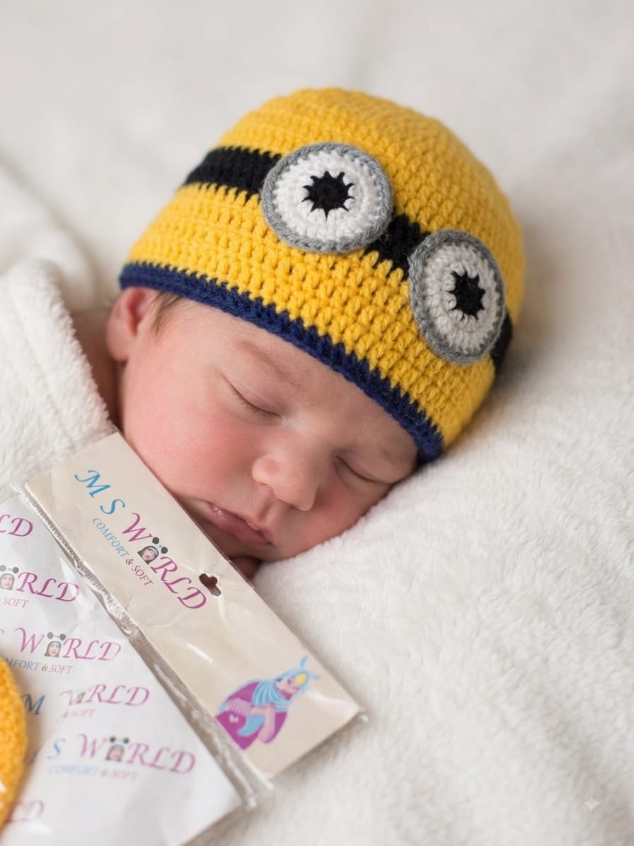 Handmade Crochet Minion Theme Woolen Baby Cap | Soft & Warm Newborn Beanie Hat for Boys & Girls