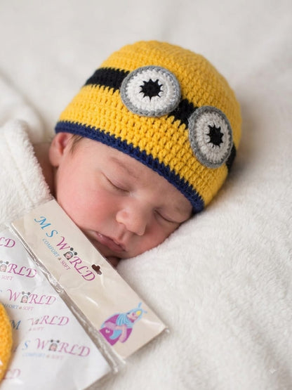 Handmade Crochet Minion Theme Woolen Baby Cap | Soft & Warm Newborn Beanie Hat for Boys & Girls