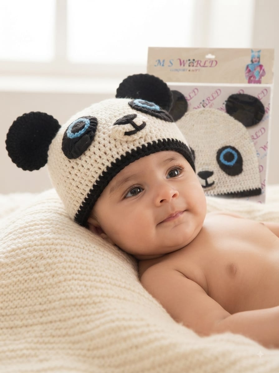 MS WORLD Hand-Knitted Newborn Panda Woolen Cap with Earflaps - Soft, Warm, and Cute Winter Beanie for Infants (2-3 years)