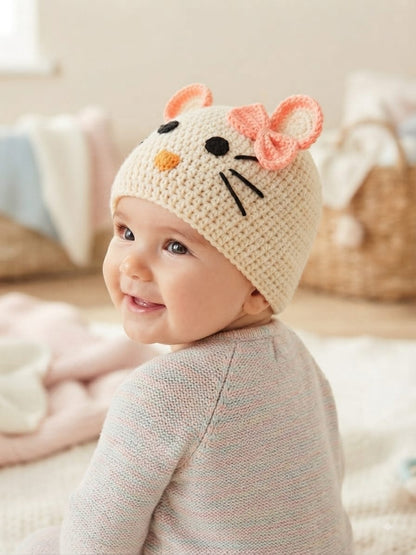Handmade Cute Mouse Crochet Baby Cap with Bow – Soft Woolen Winter Beanie for Infants