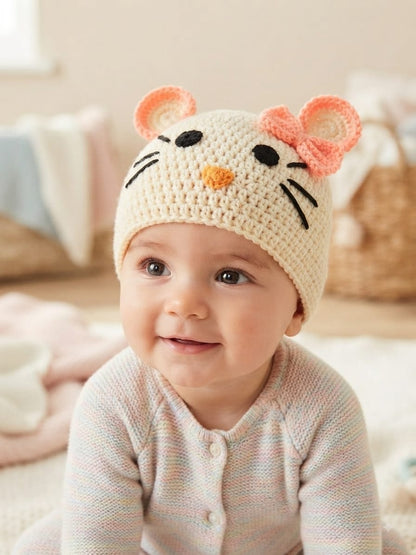Handmade Cute Mouse Crochet Baby Cap with Bow – Soft Woolen Winter Beanie for Infants