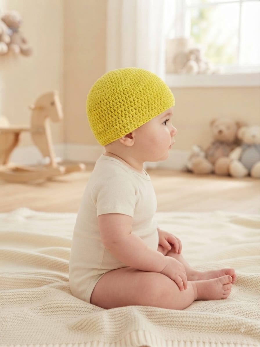 Handmade Crochet Yellow Woolen Baby Cap | Soft & Cozy Newborn Winter Beanie