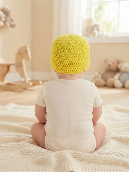 Handmade Crochet Yellow Woolen Baby Cap | Soft & Cozy Newborn Winter Beanie