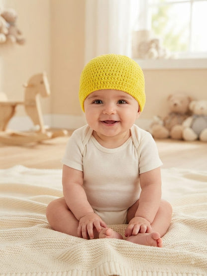 Handmade Crochet Yellow Woolen Baby Cap | Soft & Cozy Newborn Winter Beanie