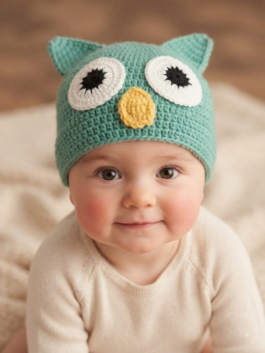 Handmade Crochet Cute Owl Design Woolen Baby Cap | Soft & Warm Winter Beanie for Infants