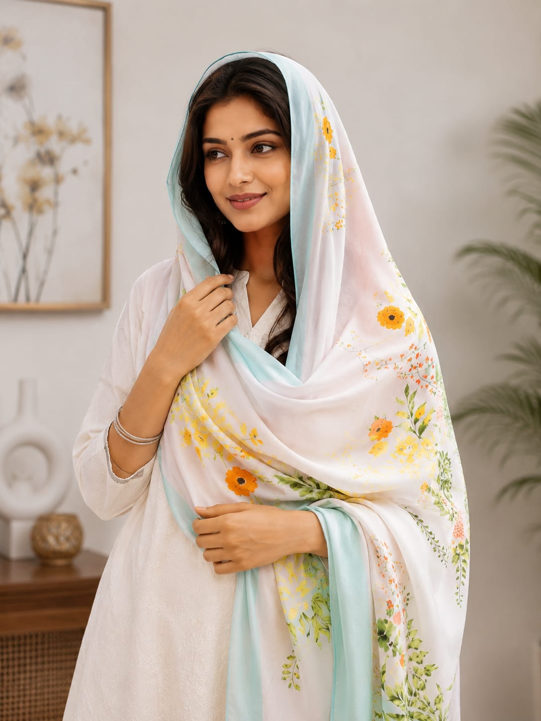 Elegant Floral Print Poly Cotton Dupatta with Mint Green Border