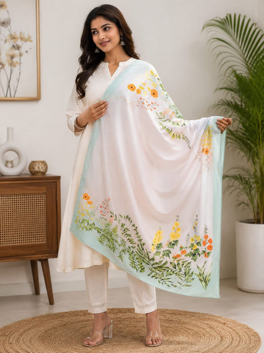 Elegant Floral Print Poly Cotton Dupatta with Mint Green Border