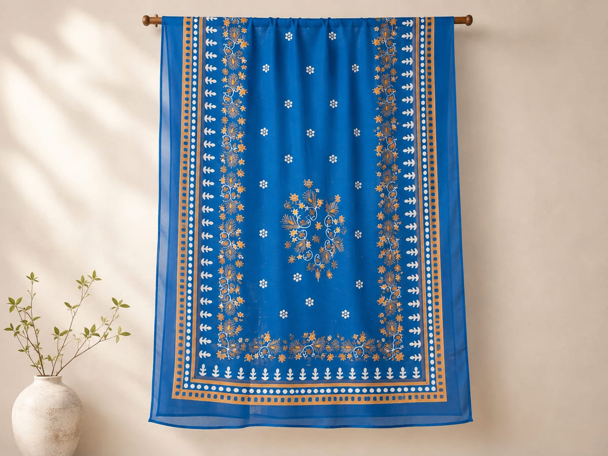 Elegant Royal Blue Poly-Cotton Floral Print Dupatta for Women – Soft & Lightweight Ethnic Wear