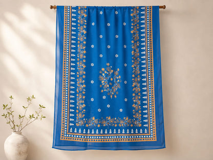 Elegant Royal Blue Poly-Cotton Floral Print Dupatta for Women – Soft & Lightweight Ethnic Wear
