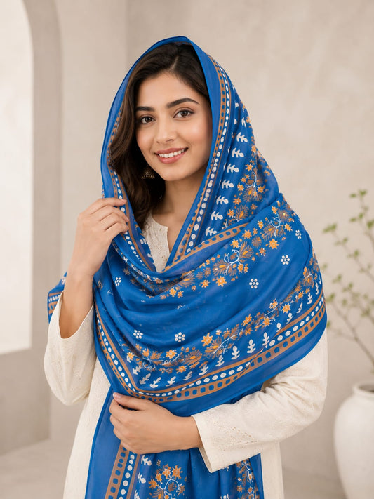 Elegant Royal Blue Poly-Cotton Floral Print Dupatta for Women – Soft & Lightweight Ethnic Wear
