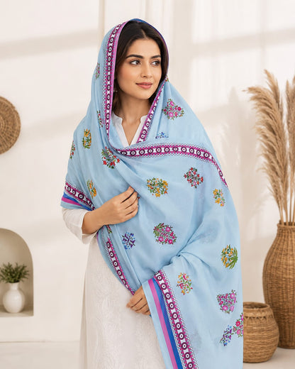 Sky Blue Floral Print Poly-Cotton Dupatta with Contrast Border