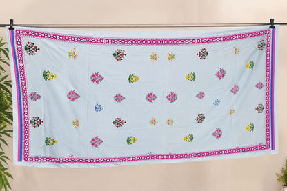 Sky Blue Floral Print Poly-Cotton Dupatta with Contrast Border