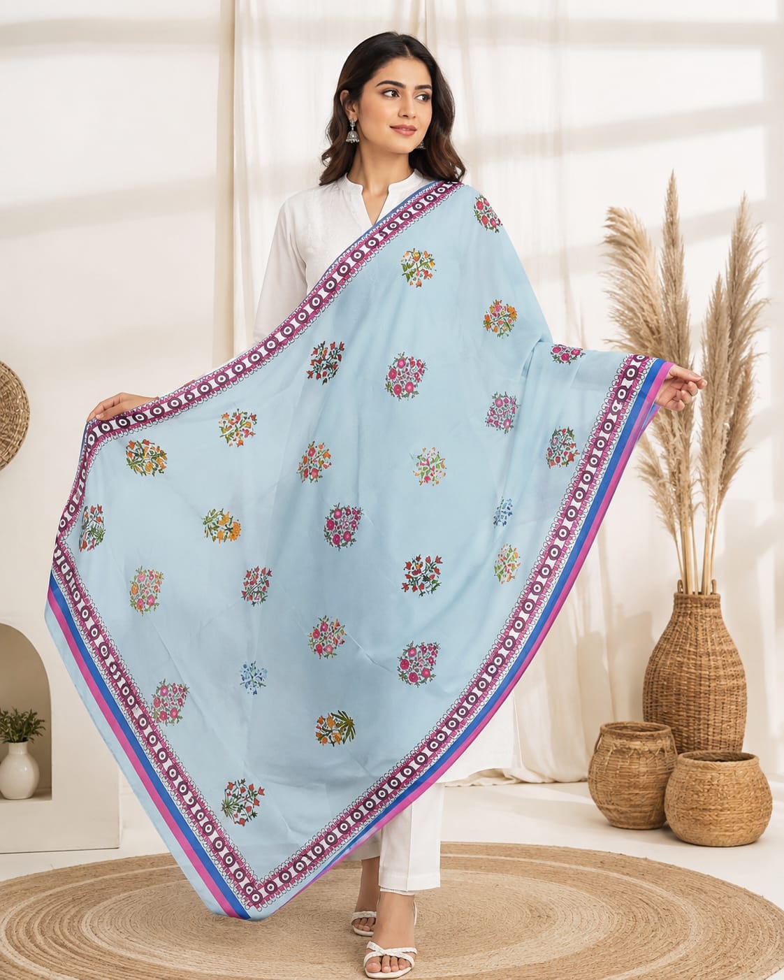 Sky Blue Floral Print Poly-Cotton Dupatta with Contrast Border