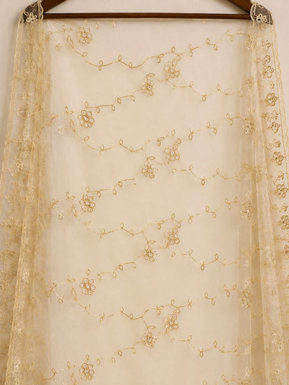 Elegant Beige Net Embroidered Dupatta with Scalloped Edges – Premium Ethnic Wear