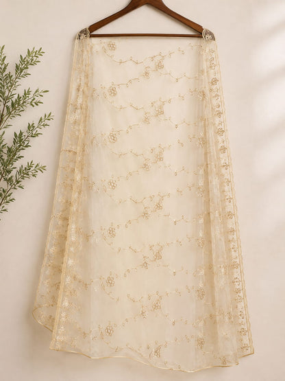 Elegant Beige Net Embroidered Dupatta with Scalloped Edges – Premium Ethnic Wear
