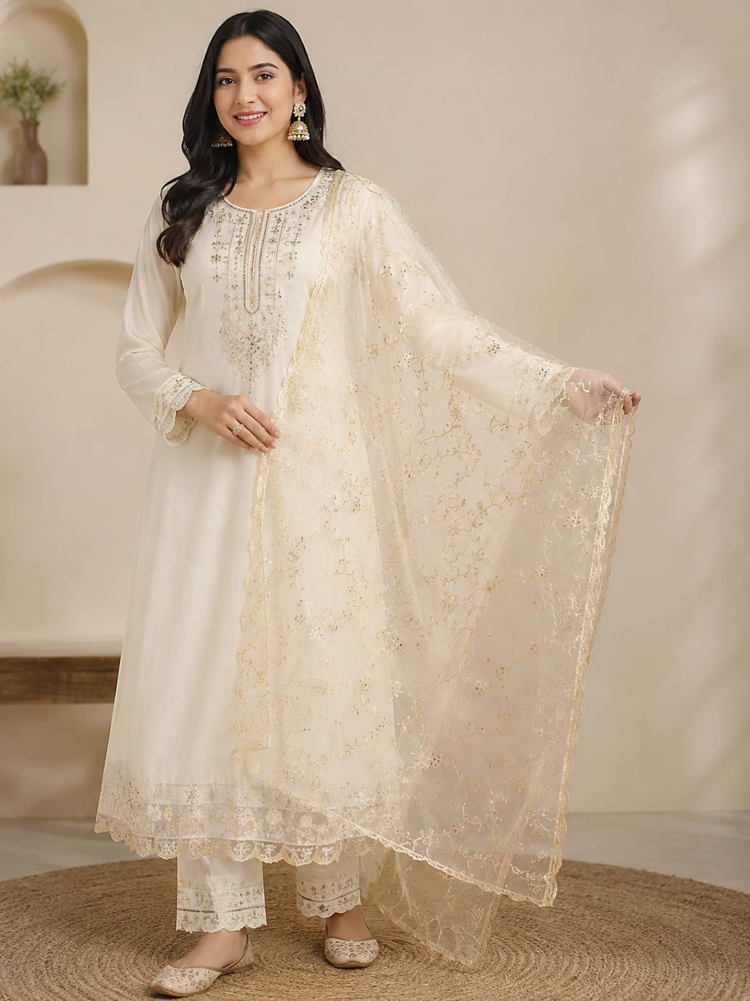 Elegant Beige Net Embroidered Dupatta with Scalloped Edges – Premium Ethnic Wear