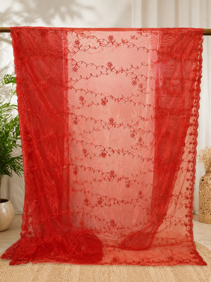 Elegant Red Floral Net Dupatta Fabric with Scalloped Border - Semi-Sheer Embroidered Material for Sarees, Lehengas, and Anarkalis