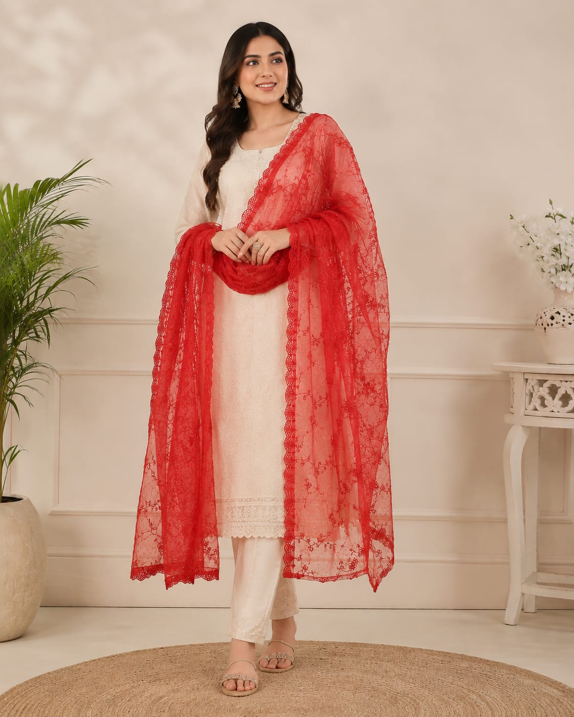 Elegant Red Floral Net Dupatta Fabric with Scalloped Border - Semi-Sheer Embroidered Material for Sarees, Lehengas, and Anarkalis