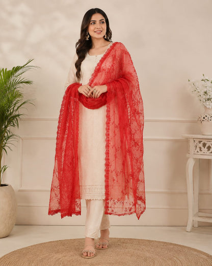 Elegant Red Floral Net Dupatta Fabric with Scalloped Border - Semi-Sheer Embroidered Material for Sarees, Lehengas, and Anarkalis