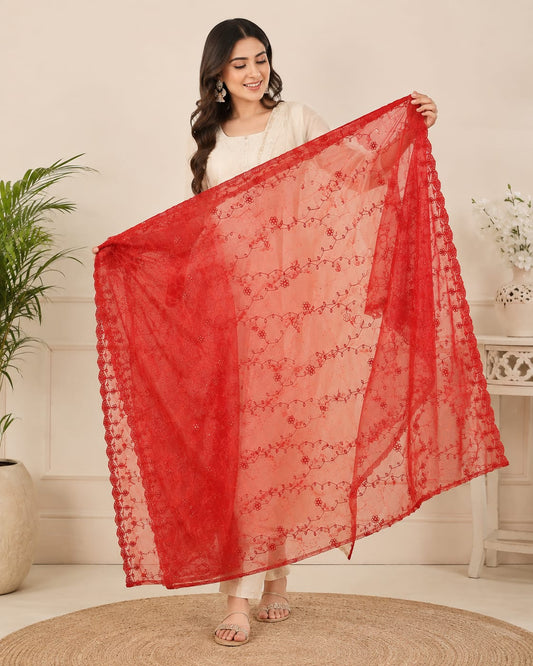 Elegant Red Floral Net Dupatta Fabric with Scalloped Border - Semi-Sheer Embroidered Material for Sarees, Lehengas, and Anarkalis