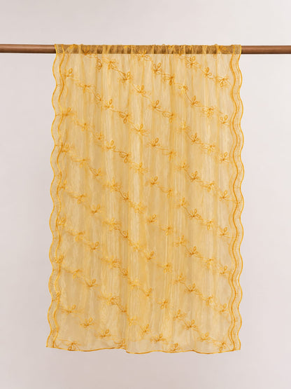 Elegant Golden Net Dupatta with Delicate Floral Embroidery and Scalloped Edges