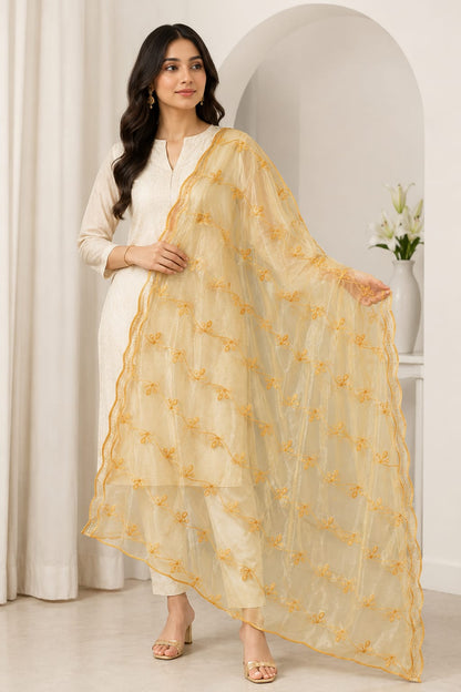 Elegant Golden Net Dupatta with Delicate Floral Embroidery and Scalloped Edges