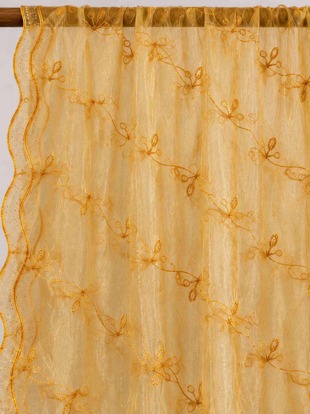 Elegant Golden Net Dupatta with Delicate Floral Embroidery and Scalloped Edges