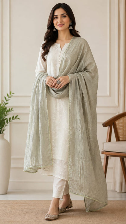 Premium Sage Green Crinkled Soft Cotton Dupatta with Delicate Border