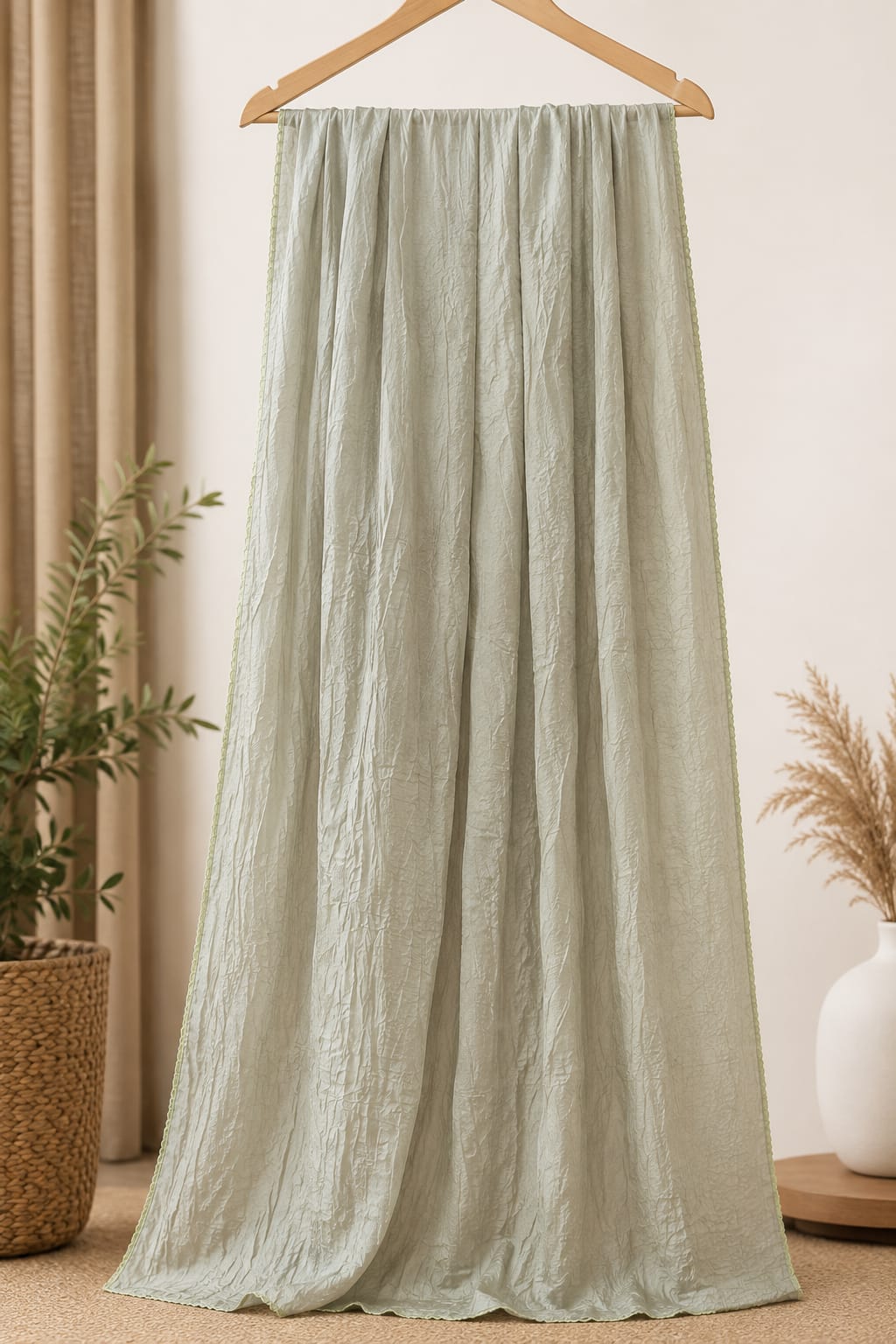 Premium Sage Green Crinkled Soft Cotton Dupatta with Delicate Border