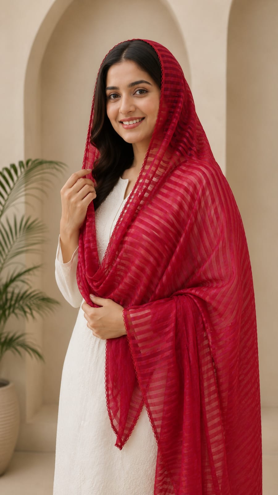 Premium Soft Cotton Textured Dupatta – Elegant Solid Red with Delicate Border Detailing