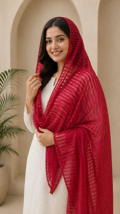 Premium Soft Cotton Textured Dupatta – Elegant Solid Red with Delicate Border Detailing