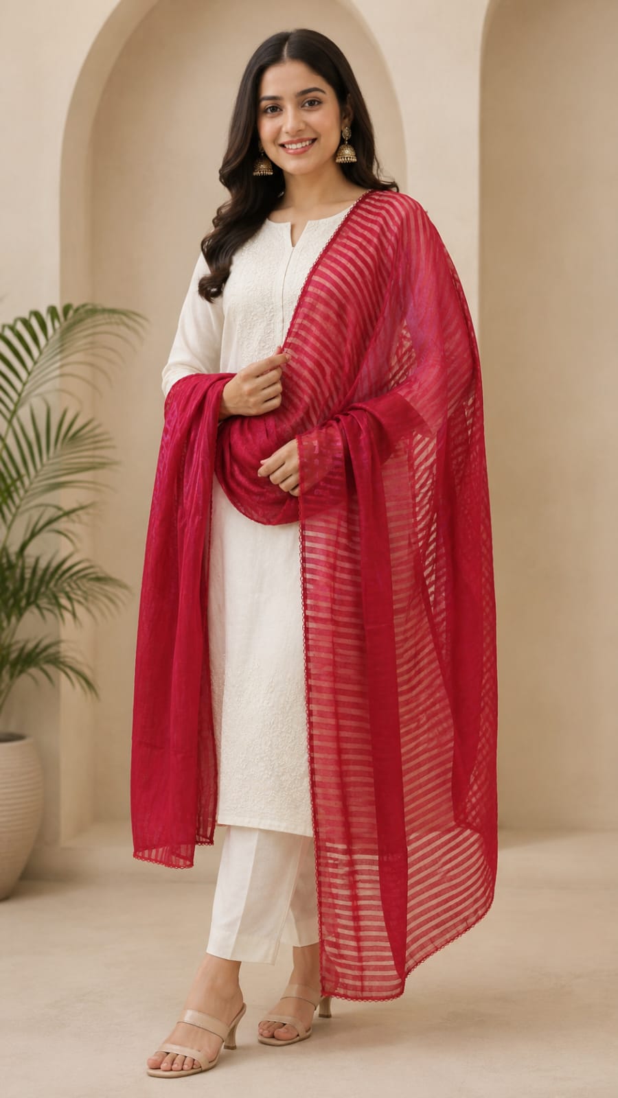 Premium Soft Cotton Textured Dupatta – Elegant Solid Red with Delicate Border Detailing
