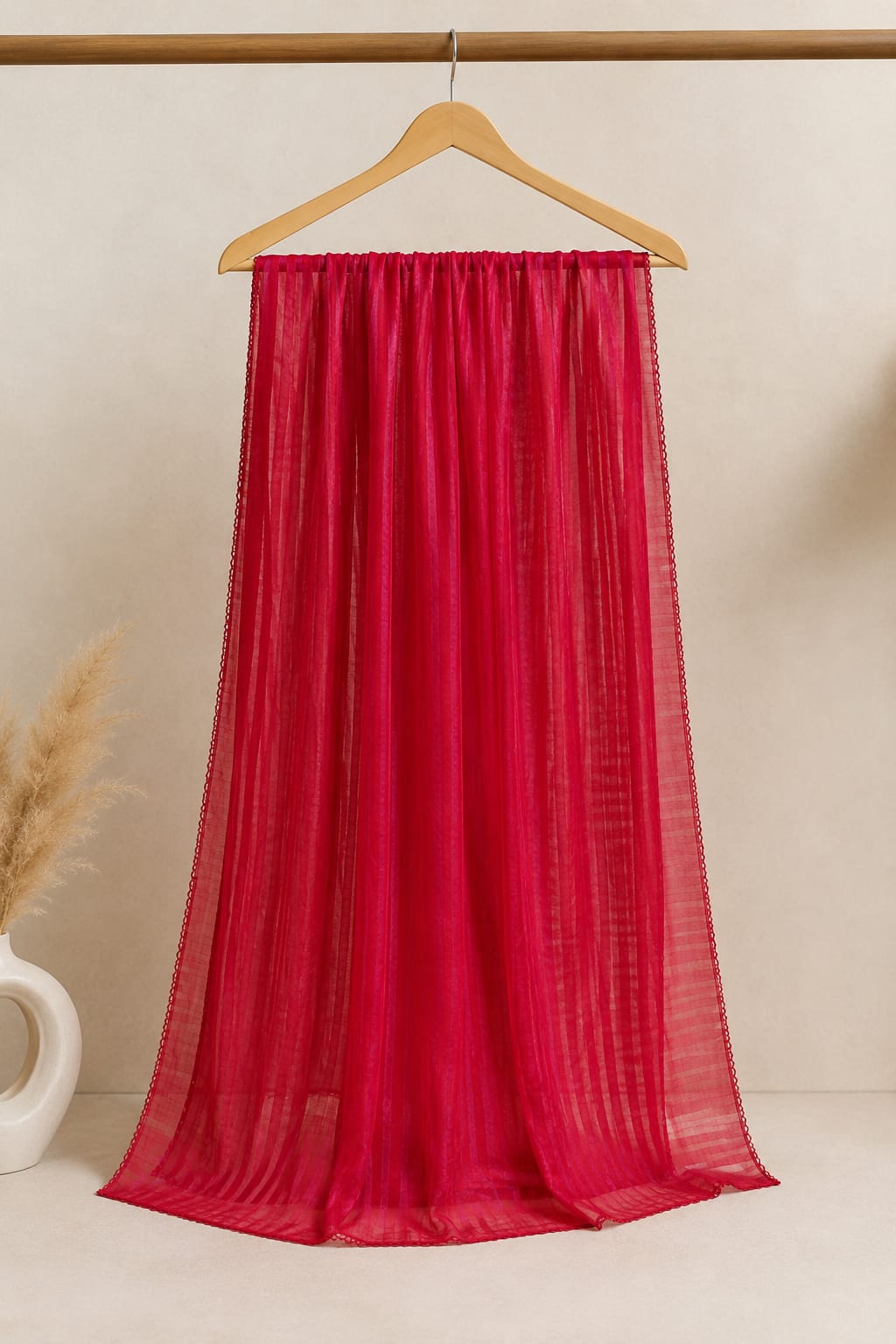 Premium Soft Cotton Textured Dupatta – Elegant Solid Red with Delicate Border Detailing