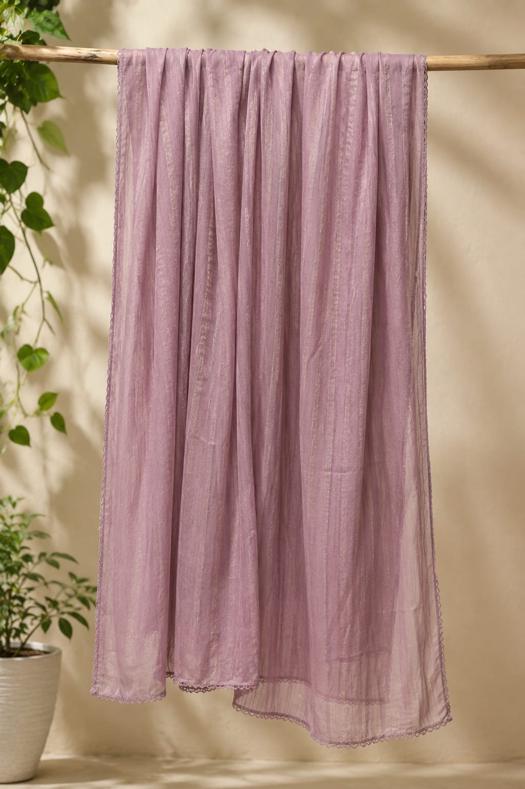 Elegant Mauve Soft Cotton Textured Dupatta with Delicate Lace Border