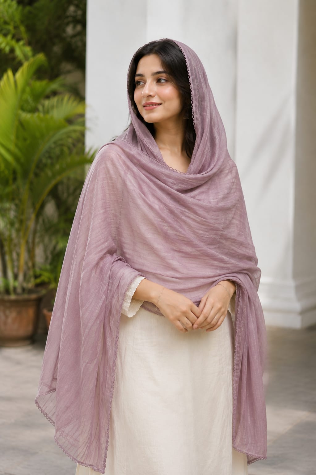 Elegant Mauve Soft Cotton Textured Dupatta with Delicate Lace Border