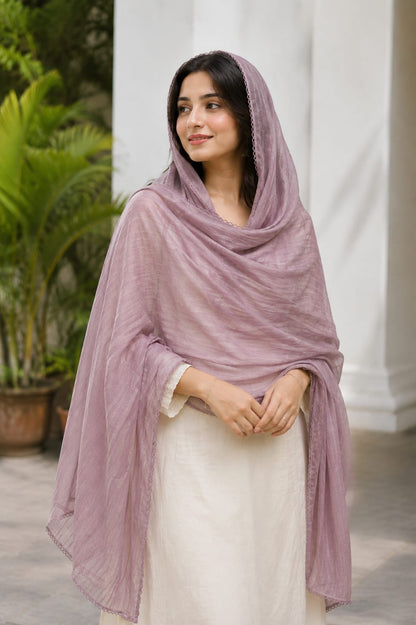 Elegant Mauve Soft Cotton Textured Dupatta with Delicate Lace Border