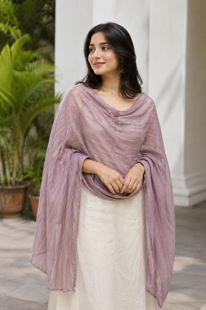Elegant Mauve Soft Cotton Textured Dupatta with Delicate Lace Border