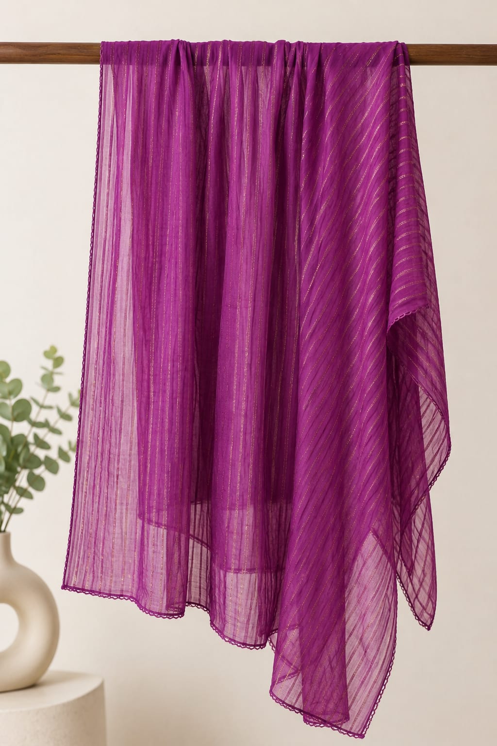 Premium Soft Cotton Purple Dupatta with Subtle Gold Striped Details