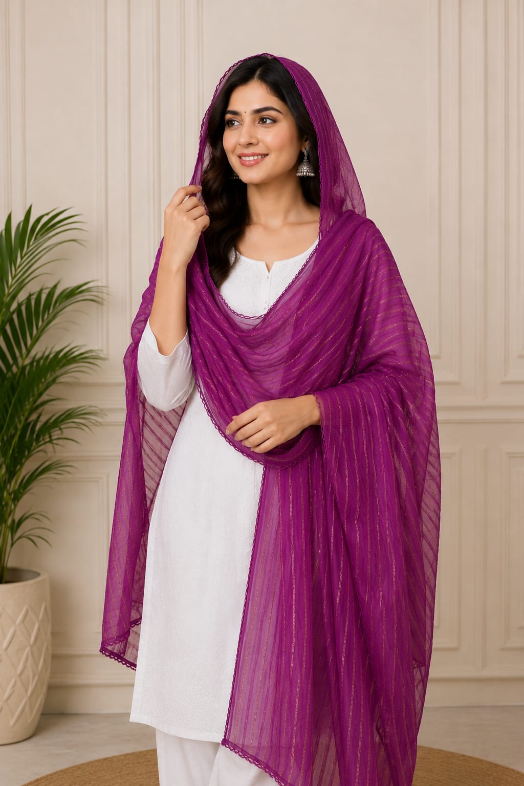 Premium Soft Cotton Purple Dupatta with Subtle Gold Striped Details