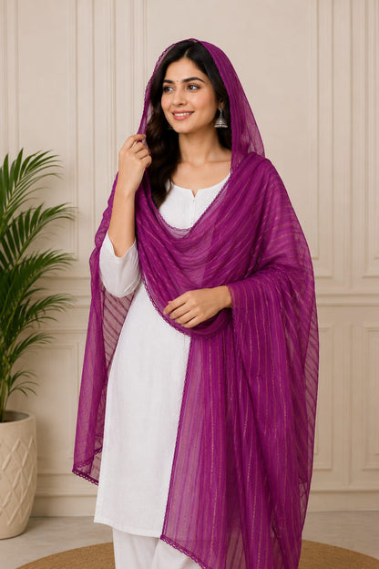 Premium Soft Cotton Purple Dupatta with Subtle Gold Striped Details