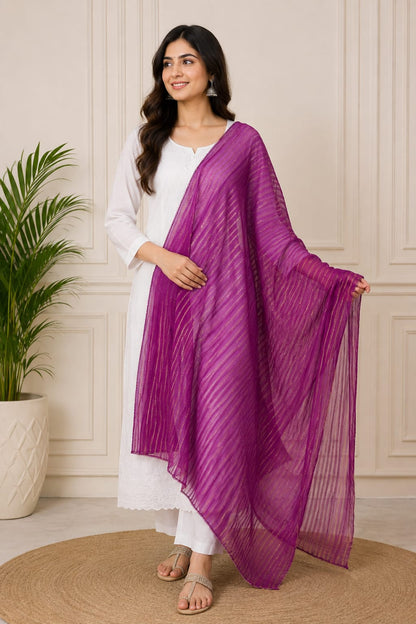 Premium Soft Cotton Purple Dupatta with Subtle Gold Striped Details