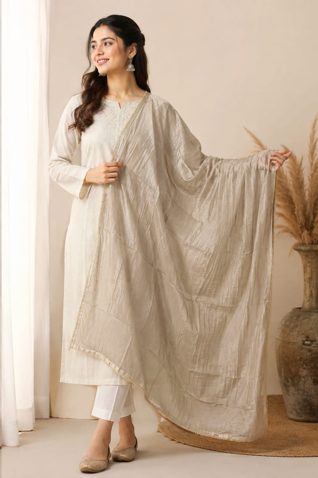 Premium Soft Cotton Solid Beige Dupatta with Delicate Lace Border