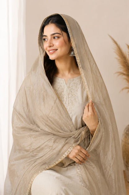 Premium Soft Cotton Solid Beige Dupatta with Delicate Lace Border
